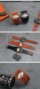 Détail d'un bracelet en cuir gaufré vintage avec incrustation métal turquoise et boutons
