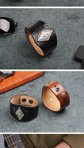 Gros plan d'un bracelet en cuir vintage avec triangles en métal et pierres turquoise
