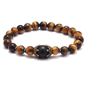 Bracelet classique pour hommes en perles d'oeil de tigre avec détail couronne antique