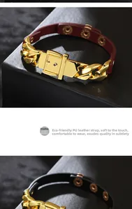 Détail du bracelet en cuir PU avec chaîne à maillons dorés et fermoir à pression