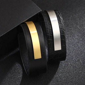 Bracelets U en acier inoxydable et cuir noir avec plaques en métal brossé pour hommes