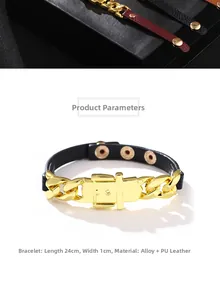 Détail du bracelet punk en cuir PU avec chaîne dorée et mesure de la longueur de 24 cm