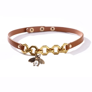 Vintage Bee Pendant PU Leather Choker Necklace For Women Alloy Hexagonal Link Chain Artificial Pearl Insect Collar Jewelry