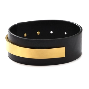 Bracelet en cuir noir avec plaque dorée en U et fermeture à bouton pression ajustable