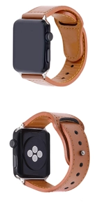 Detail of tan brown leather strap for Apple Watch with premium stitching and buckle