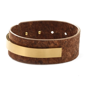 Bracelet large réglable pour femme en acier inoxydable en U et cuir texturé liège foncé