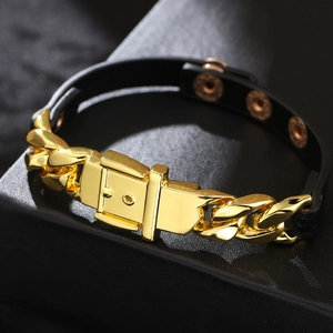 Bracelet de Mode en Alliage Cuir PU pour Femmes Punk Chaîne Métal Boucle de Ceinture Ajustable Bouton Pression Bijoux