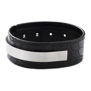 Bracelet manchette en cuir PU noir à motif crocodile avec pièce en acier inoxydable en U