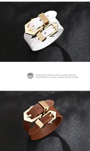 Detail of white and brown faux crocodile PU leather bracelets with golden alloy buckles