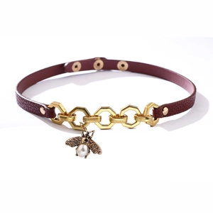 Vintage burgundy PU leather choker with golden bee pendant and pearl accent charm