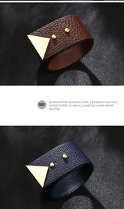 Detail view of lychee texture PU leather wide bracelets with golden metal triangles
