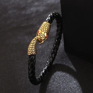 Men's Genuine Leather Bracelet With Golden Silver Snake Head Alloy Buckle Woven Punk Style Rhinestone Eye Hand Rope Jewelry