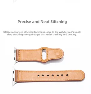 Close-up of premium brown leather watch band with precision stitching and metal adapters