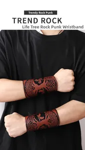 Dettaglio del polsino in pelle PU marrone con design goffrato dell'albero della vita
