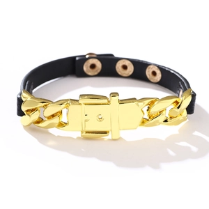 Bracelet punk en cuir PU noir avec chaîne cubaine dorée et boucle de ceinture chic