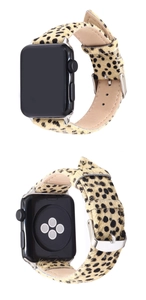 Detail of leopard print calf hair strap for Apple Watch with silver stainless steel buckle