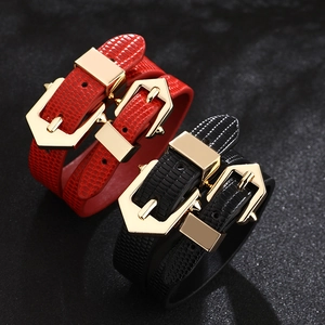 Women's PU Leather Snake Skin Texture Double Loop Wrap Bracelet Alloy Electroplated Double Buckle Versatile Fashion Jewelry