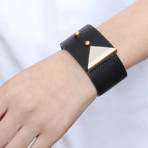 Fashionable black PU leather wide bracelet with golden triangle metal and studs