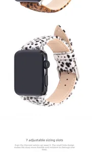 Detail of leopard print pony hair leather watch strap for Apple Watch with silver buckle