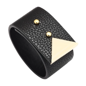 Wide black leather bracelet with lychee texture and golden metal geometric studs