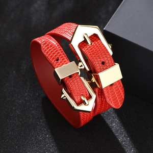 Double-wrap red snakeskin embossed PU leather bracelet with golden alloy buckle