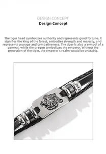Detailed view of braided leather bracelet with silver tiger head charm and metal beads