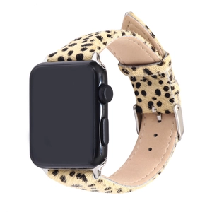 Leopard print pony hair leather strap for Apple Watch with silver stainless steel buckle
