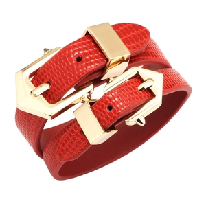 Red double-wrap PU leather bracelet with snake texture and gold buckles on white back