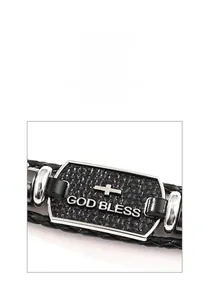 Detail of braided leather bracelet with metal plate featuring cross and GOD BLESS engraving