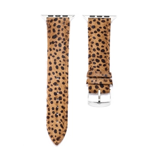Leopard print pony hair leather watch band for Apple Watch with silver buckle