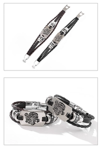 Detailed view of layered leather bracelets featuring engraved animal totem metal charms