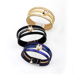 Three-color multi-layer leather star bracelet set with sparkling rhinestones and magnetic clasp