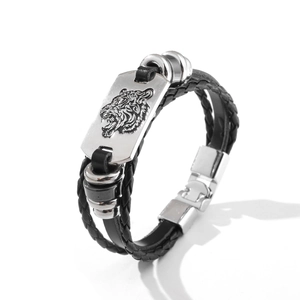 Men Vintage Multi-layer Woven PU Leather Bracelet Alloy Tiger Head Relief Metal Plate Punk Style Adjustable Wristband Fashion Jewelry