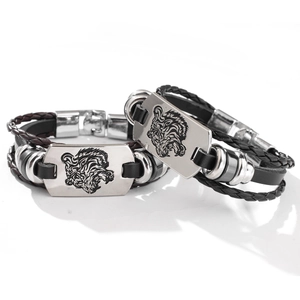 Men's multilayer braided leather bracelet with etched tiger head metal charm in black and brown