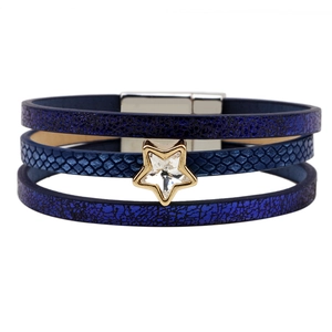Navy blue multi-layer leather bracelet with sparkling star crystal and magnetic clasp