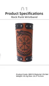 Detailed view of punk PU leather gauntlet with dragon totem and 24.5x16.5cm dimensions