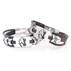 Bracciale da Uomo Alla Moda Con Testa di Leopardo in Pelle PU Intrecciata Lega Animale Charm Punk Biker Gioielli Regalo per Uomo