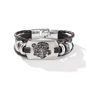 Braided leather multi-layer bracelet with vintage silver tiger head metal plate clasp