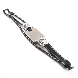 Men's multi-layer braided black leather bracelet with silver polished metal plate