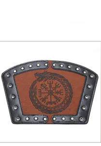Detail of Viking dragon and compass embossed patterns on brown PU leather arm guard