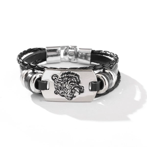 Braided black leather multi-layer bracelet featuring a silver tiger head metal plaque