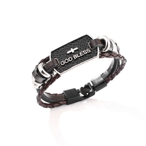 Braided leather bracelet with stainless steel cross plaque and God Bless engraving