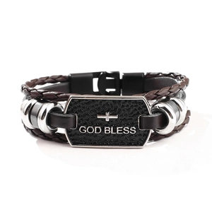 Braided leather bracelet with metal plate featuring cross and God Bless inscription