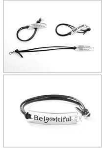 Detailed close-up of woven PU leather bracelets with engraved silver metal plates