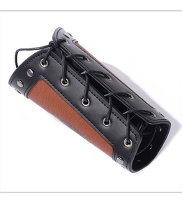 Detailed view of punk leather arm bracers featuring metal rivets and lace-up closure