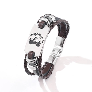 Bracciale intrecciato in pelle con placca in metallo testa di leopardo e perline