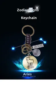Détail macro du porte-clés Bélier avec cordon en cuir tressé et pendentifs en bronze antique