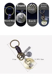 Vue détaillée d'un porte-clés zodiaque vintage avec cuir tressé et pendentif en bronze