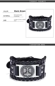 Detail of genuine leather Viking bracelet with engraved metal dragon runes ornament