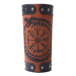 Viking leather arm guard with Vegvisir compass and embossed Ouroboros pattern